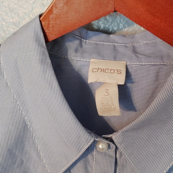 Chicos Lace Style Sleeve Blue Stripe Pearl Button - Picture 2 of 15